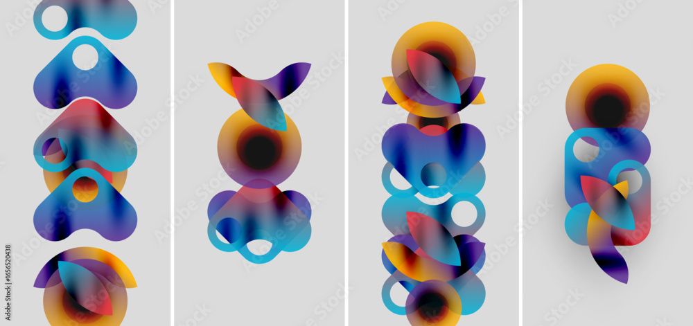 Poster abstract compositions featuring overlapping colorful circles. gradient hues blend blues, oranges, ye