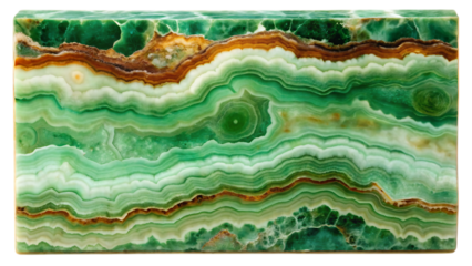 Close-up of Polished Green Onyx or Banded Calcite Mineral Stone with Layered Horizontal Pattern, isolated on a white background, cutout, PNG.