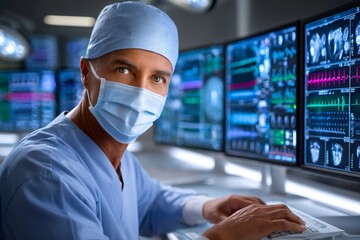 Medical doctor wearing surgical mask working on computer in hospital operating room