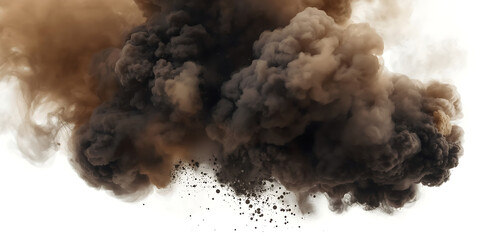 A dense smoke cloud rises and spreads, blending into a white background with realistic texture and detailed dust particles, creating an explosion aftermath effect.