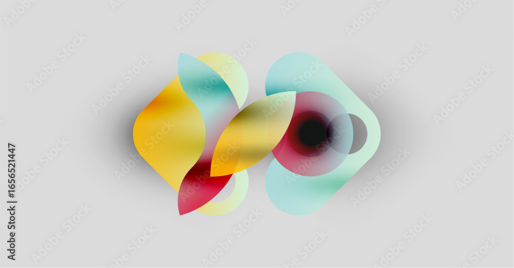 Poster abstract colorful shapes overlap, creating dynamic visual effect. soft gradients suggest depth, ligh