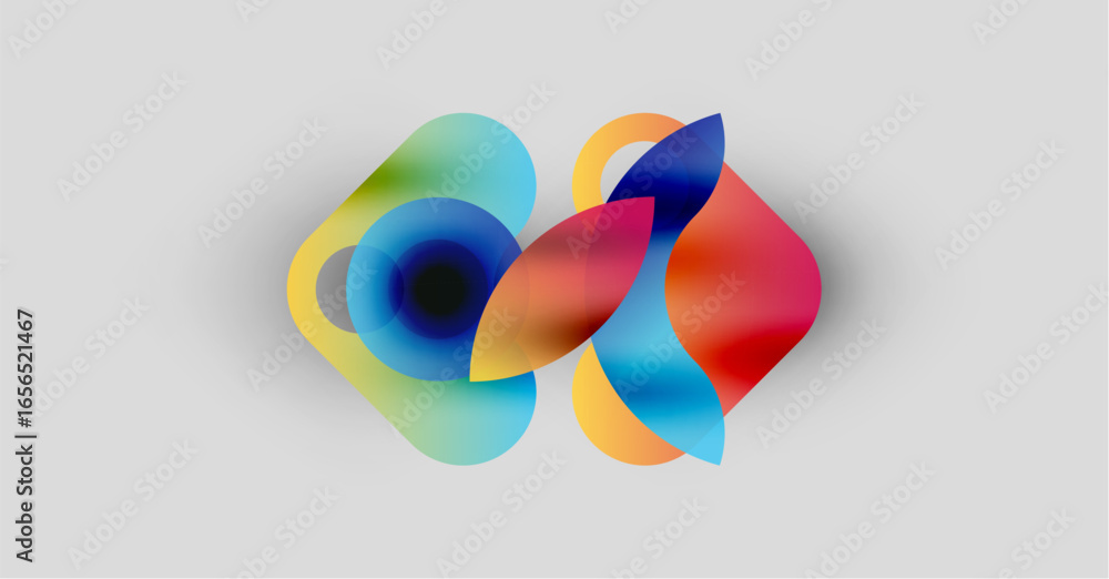 Poster abstract colorful shapes overlap, creating vibrant visual effect. soft gradients blend, forming flui