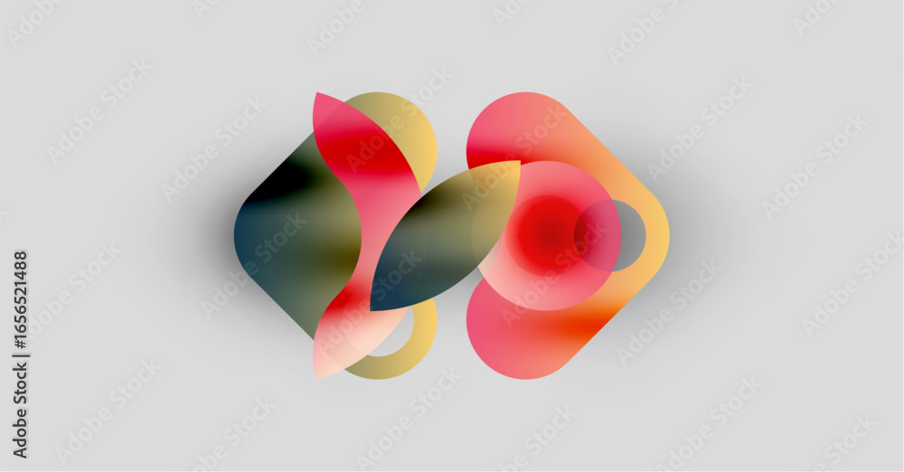 Poster abstract shapes overlap, creating vibrant color blends. soft gradients suggest depth, form dynamic c
