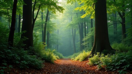 Obraz premium A path through a misty green forest.