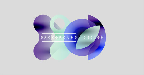 Abstract fluid shapes overlap, creating dynamic visual effect. Purple, teal hues dominate neutral backdrop. Text reads background design.