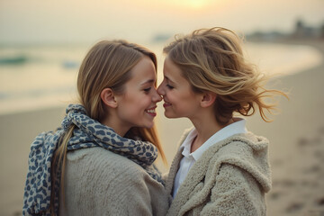 Two Girls Touching Noses Smiling on Beach at Sunset