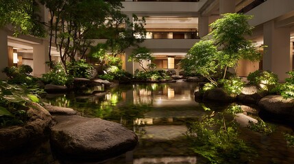 Naklejka premium Serene Japanese hotel lobby building 