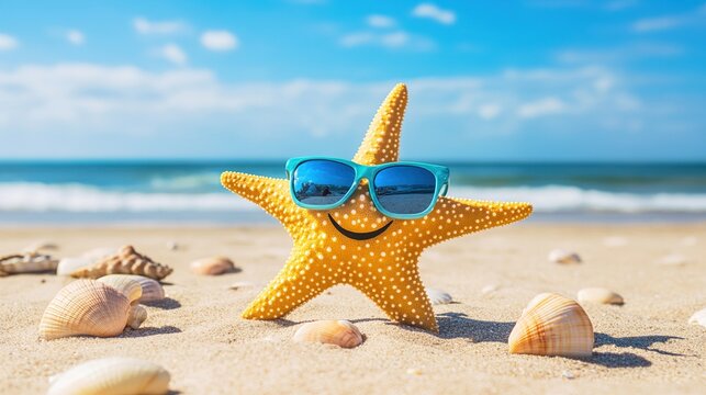 Cute starfish with sunglasses on the beach (for summer - themed design, children's illustration, beach decoration, etc.)