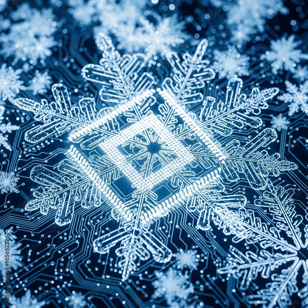 Poster digital winter abstract background with snowflakes and circuit board technology design element conce