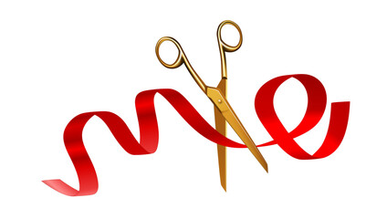 Golden Scissors Cut Ribbon. Grand Opening Ceremony