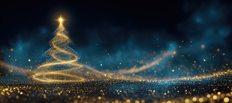 Golden Christmas tree graphic on a dark background with glittering particles