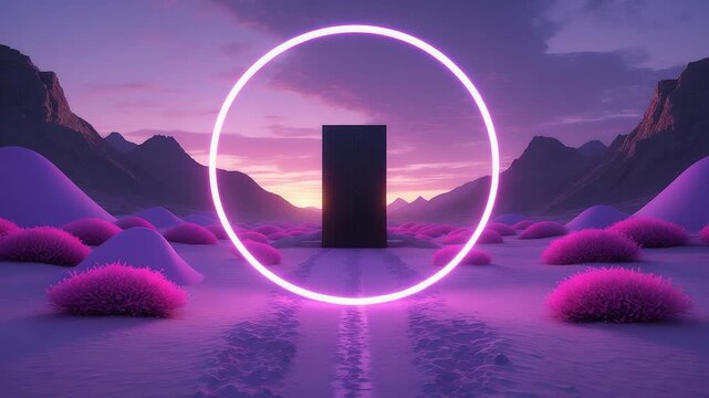 Neon Ring Black Monolith Purple Landscape Mountain Sunset Glow Desert Scene