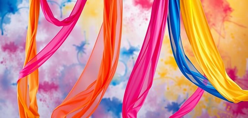 Vibrant spray-painted aerial yoga silks, colorful, abstract background, energy, lifestyle