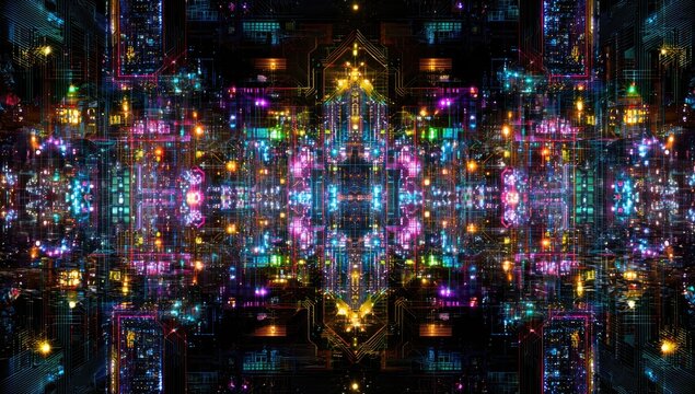 Abstract symmetrical digital artwork, vibrant lights, and intricate patterns