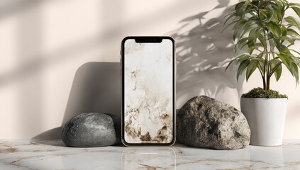 Smartphone on marble surface,  natural light