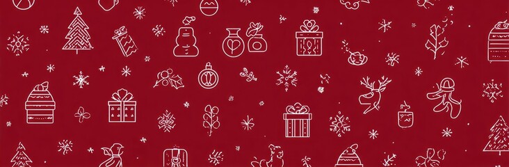Festive red background with repeating white line Christmas icons