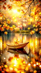Golden Autumn Serenity Boat on Calm Water with Blurry Lights