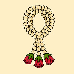 A flower garland with three red flowers and a green leaf