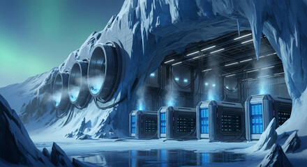 Arctic data center servers cooling system infrastructure futuristic technology innovation concept art
