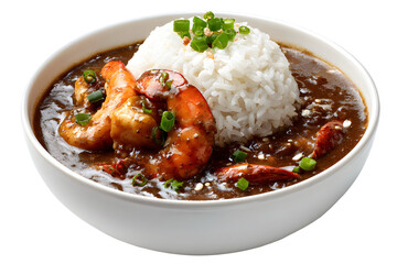 A hearty bowl of authentic shrimp gumbo in a rich, dark stew with a scoop of white rice. This isolated shot is perfect for Cajun & Creole restaurant menus.
