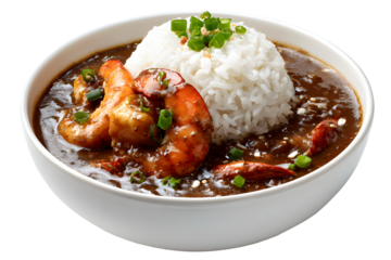 A hearty bowl of authentic shrimp gumbo in a rich, dark stew with a scoop of white rice. This isolated shot is perfect for Cajun & Creole restaurant menus.