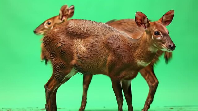 Surreal Two-Headed Deer-Like Creature with Brown Fur Against a Vibrant Green Studio Background, Representing Genetic Anomaly or Fictional Mutation ...