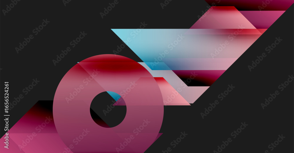 Poster abstract geometric composition. red, pink, blue gradients overlap creating dynamic visual effect. da