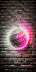 Cosmic Glowing Sphere Suspended Against a Grungy Brick Wall With Neon Lights