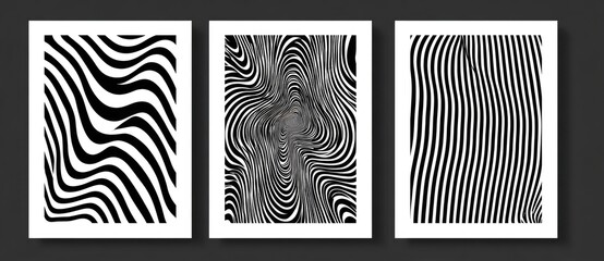 Three abstract black and white posters featuring dynamic, wavy, and striped patterns