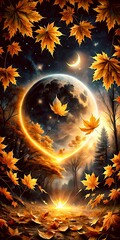 Enchanting Autumn Moonlit Forest Scene with Falling Maple Leaves and Celestial Glow