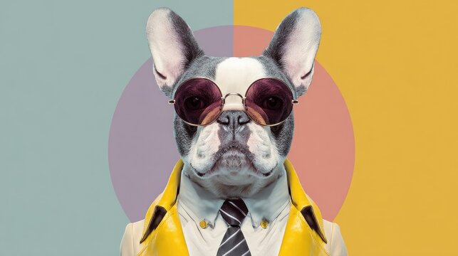 Dog in sunglasses and yellow coat, bold colors