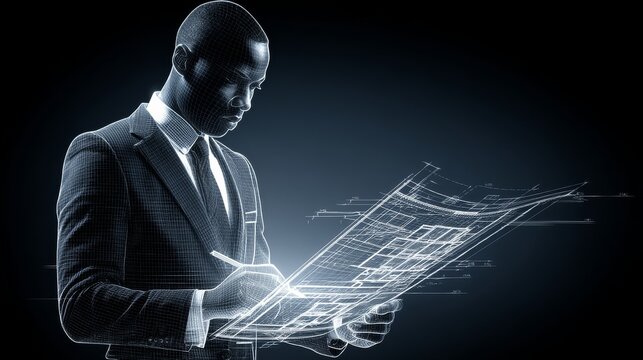A formally dressed person in a suit and tie examines futuristic blueprints under bright light,
