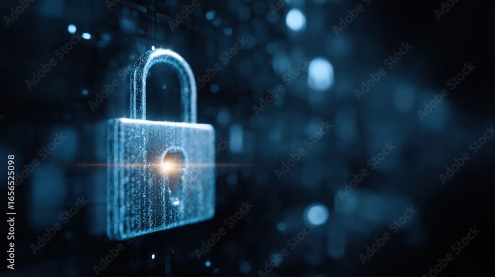 Poster digital padlock cybersecurity concept glowing particle effect illustrates data protection and online