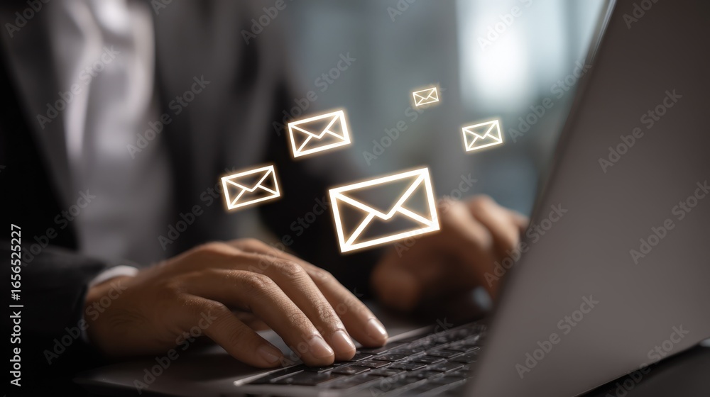 Poster person using laptop computer sending receiving emails digital communication online messaging interne