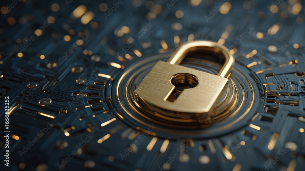 Poster secure data protection concept golden padlock on circuit board technology background