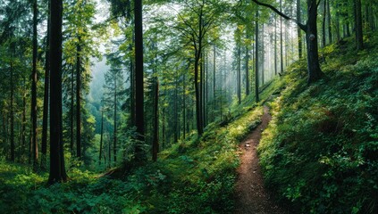 Fototapeta premium Lush forest path in sunlight