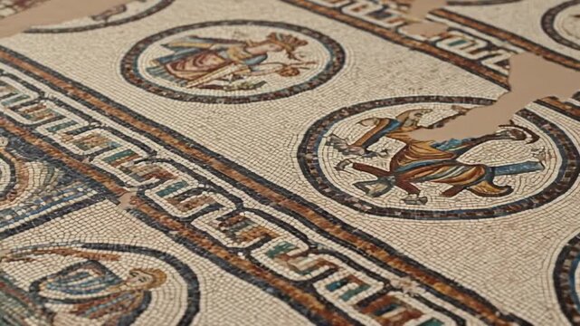 Ancient mosaic floor with intricate patterns and mythological creatures depictions, showcasing