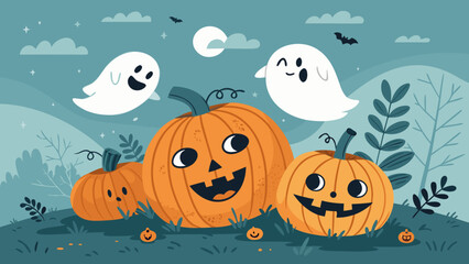 Cartoon Halloween Scene Featuring Pumpkins Ghosts and Festive Elements