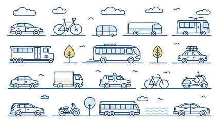 Collection of Illustrated Transportation Vehicles and Elements