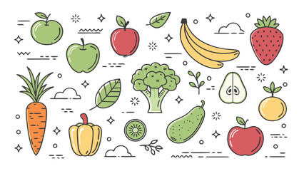 Colorful Illustrated Fruits and Vegetables with Decorative Outlines