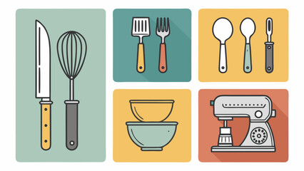 Colorful Illustrated Kitchen Utensils and Appliances on Rectangular Backgrounds