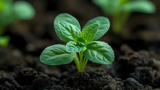 Young green basil seedling growing in rich dark soil, macro view showing detailed leaf texture and water droplets on fresh spring sprout.