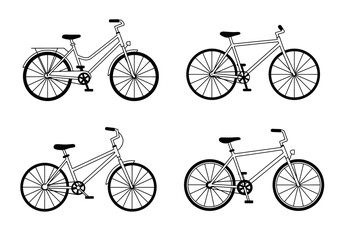 Four bicycle line drawings varied styles black outlines on white