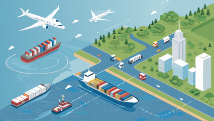 Isometric Illustration of Global Transportation and Logistics Network