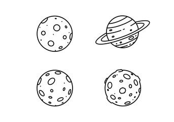Four cartoon planets one with rings three with craters and dots all in black and white