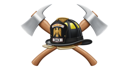 Firefighter axe crossed behind helmet, isolated on white background