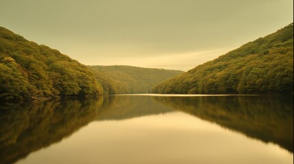 Fototapeta premium A serene lake mirroring golden sunset and forest, creating a perfectly symmetrical dreamscape.