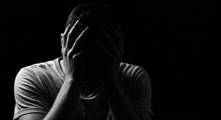 Silhouette of a desperate man in a dark room, head in hands. The concept of depression, anxiety, and mental health crisis.
