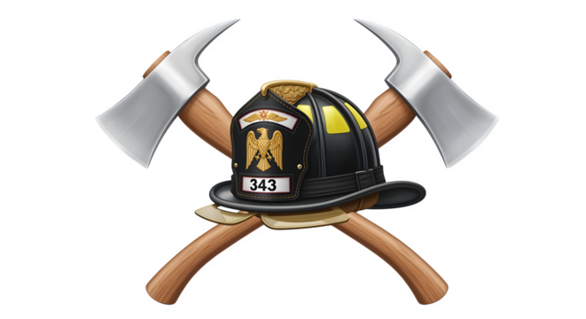 Firefighter axe crossed behind helmet, isolated on white background