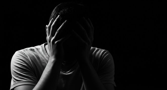 Silhouette of a desperate man in a dark room, head in hands. The concept of depression, anxiety, and mental health crisis.